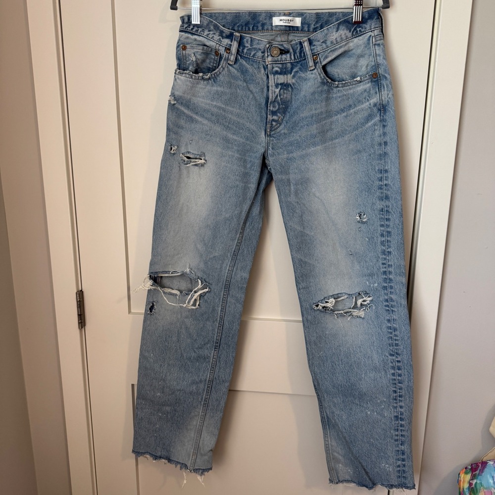 Moussy Vintage Womens 27‎ Distressed Straight Leg Jeans Blue Button Fly Japan